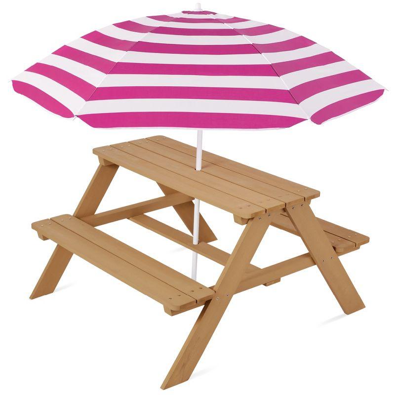Best Choice Products Kids Wooden Picnic Table, Outdoor Activity Table w/ Adjustable Umbrella, Seats - Natural/Dark Pink