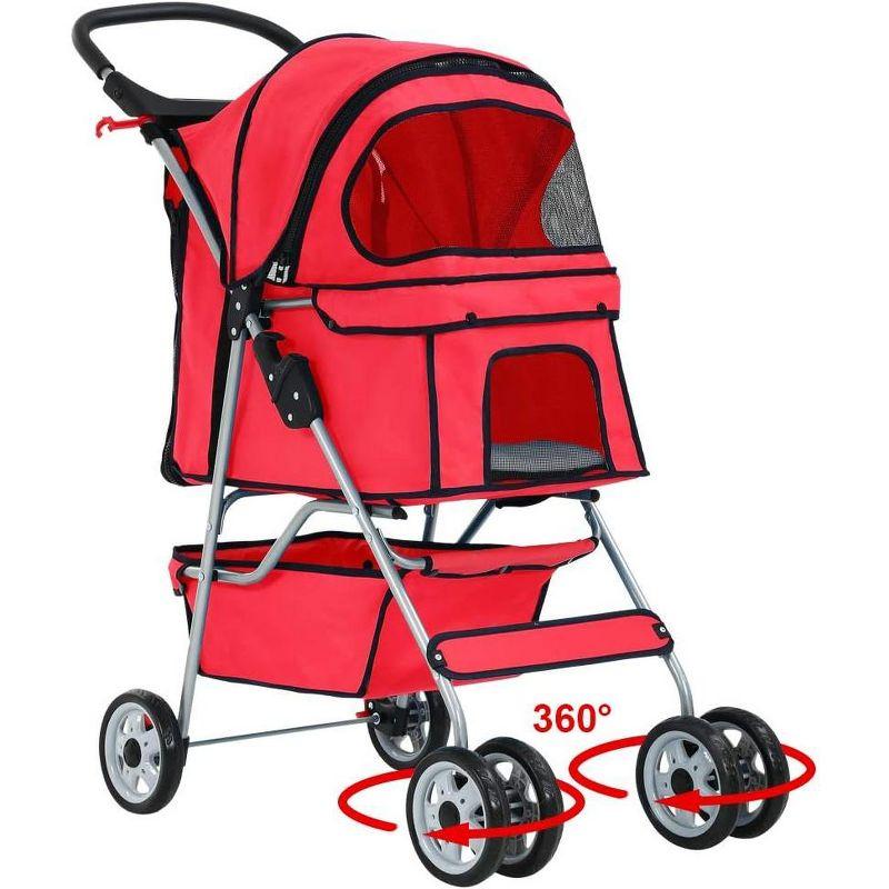 Red Folding Pet Stroller with Mesh Windows