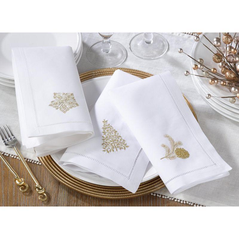 White Cotton Hemstitch Napkins with Pine Cone Embroidery, Set of 6