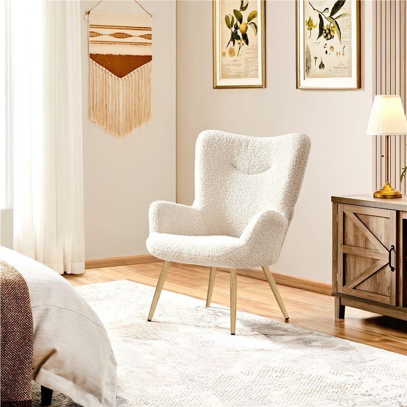 Ivory Boucle Accent Chair with Wood-tone Legs