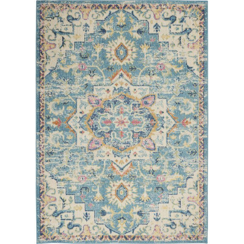 Ivory and Turquoise Floral Power-Loomed 6'7" x 9'6" Area Rug