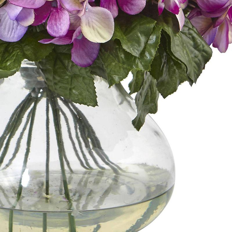 Nearly Natural 15" x 14" Artificial Hydrangea Arrangement with Glass Vase Pink: Faux Floral Decor, Indoor Spring Display