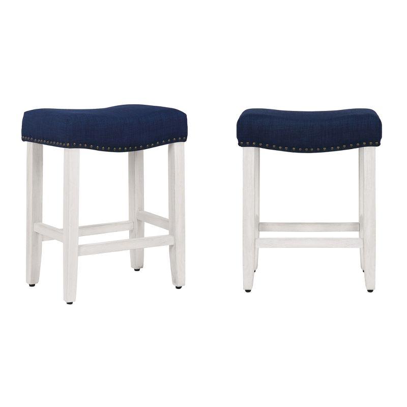 WestinTrends 24" Upholstered Saddle Seat Counter Stool (Set of 2), Antique White/Navy Blue