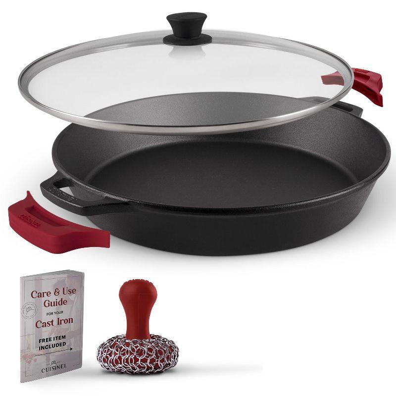 15-Inch Black Cast Iron Skillet with Glass Lid and Red Silicone Handles