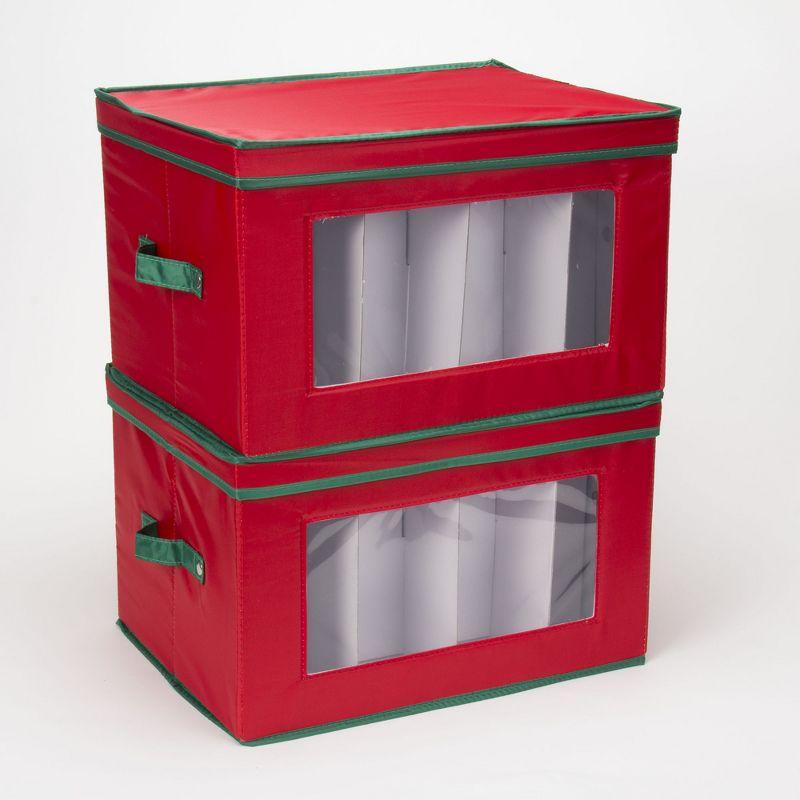 Household Essentials Holiday Stemware Storage Box, Windowed Storage with Lid, 12 Storage Compartments, Red with Green Trim