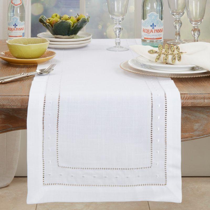 White Embroidered Hemstitch Polyester Table Runner, 16" x 36"