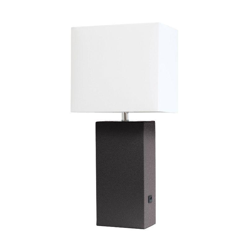 Modern Brown Leather Table Lamp with USB and White Fabric Shade