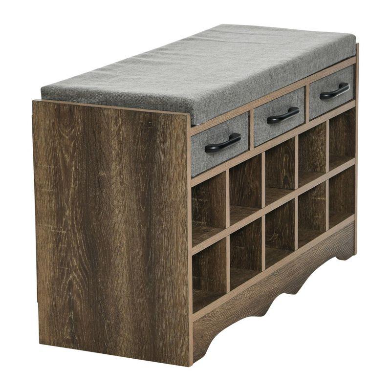 Household Essentials Entryway Storage Bench with 3 Grey Drawers 10 Shoe Compartments and Cushioned Seat in Ashwood Rustic Wood Grain