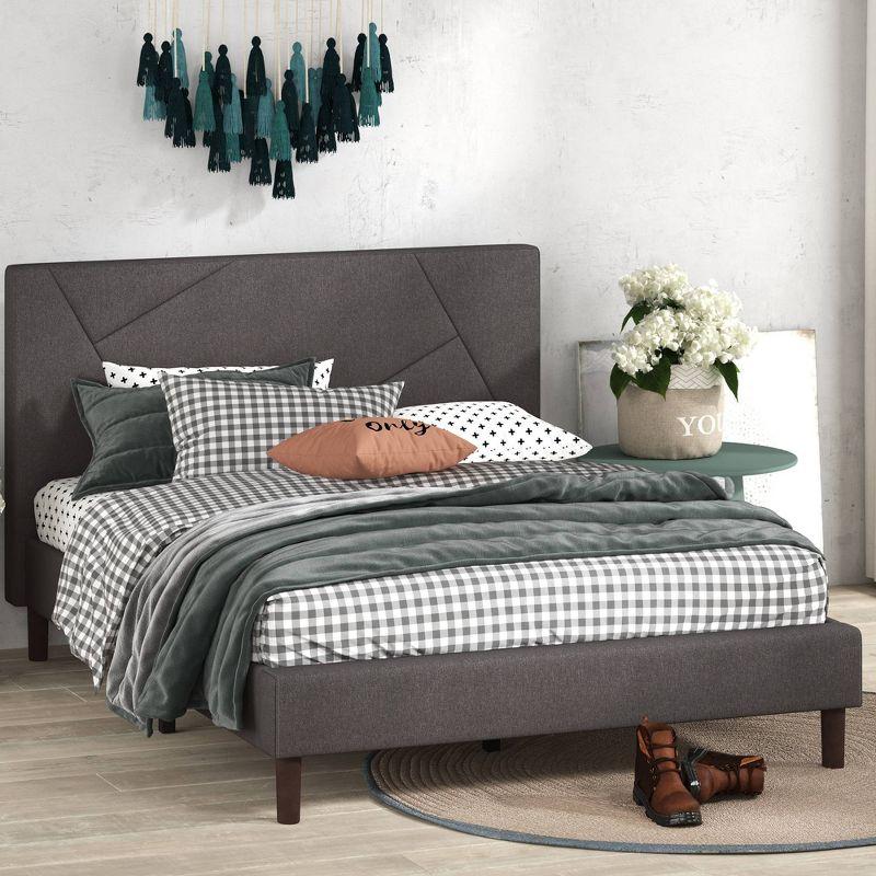 King Gray Upholstered Platform Bed with Geometric Headboard