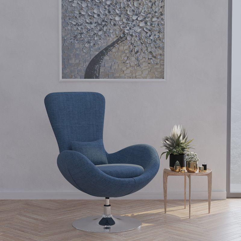 31" Blue Fabric and Faux Leather Swivel Egg Chair