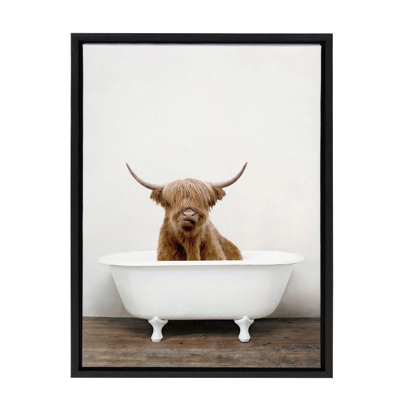 18" x 24" Sylvie Highland Cow in Tub Framed Canvas by Amy Peterson - Kate & Laurel All Things Decor: Wall Hanging Artwork