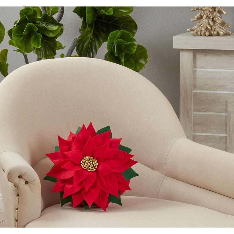 Festive Red Felt Poinsettia Round Throw Pillow