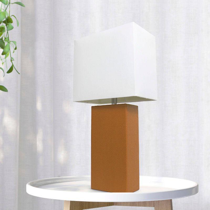 21" Lexington Leather Base Modern Home Decor Bedside Table Lamp with USB Charging Port and Fabric Shade Tan/White - Lalia Home: No Assembly