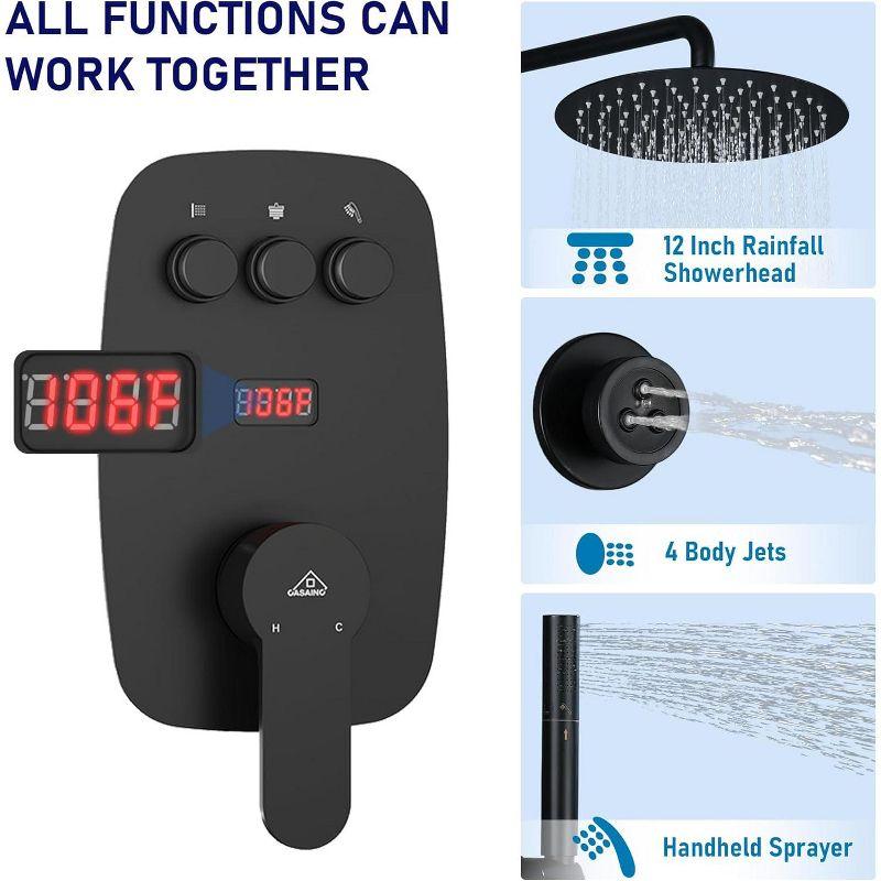 3-Function 12 Inch Temperature Digital Display Shower System With 2-Setting Slider Bar Handheld And 4Pcs Body Jets