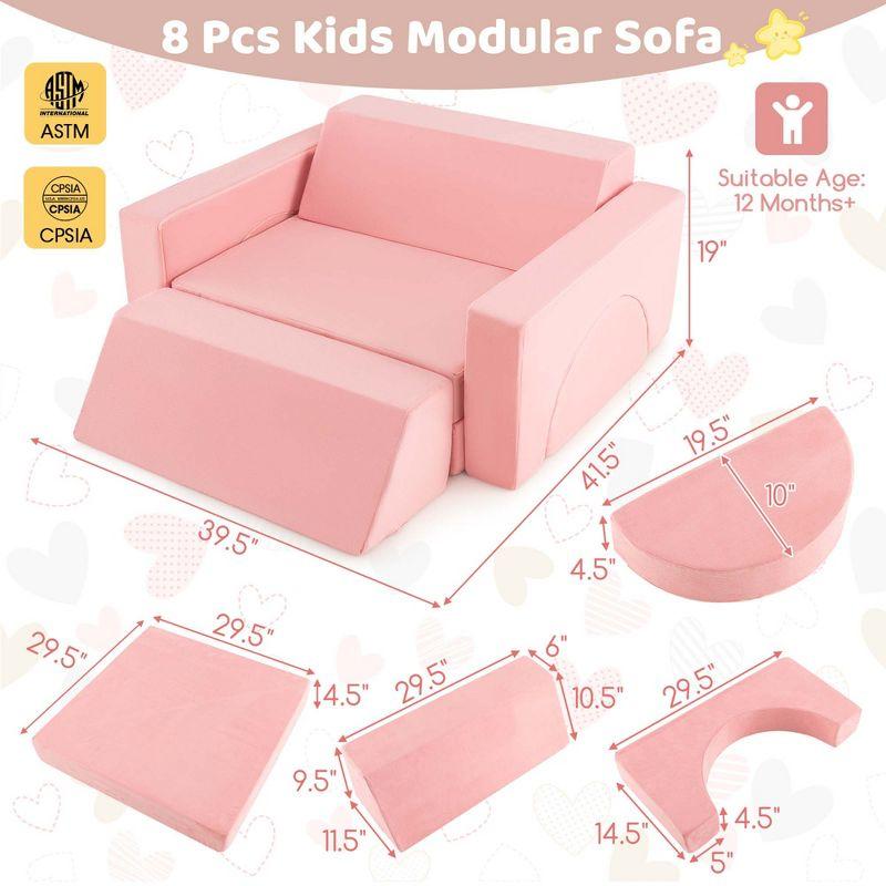 Costway Kids Modular Play Sofa 8 PCS with Detachable Cover for Playroom & Bedroom Indoor Pink