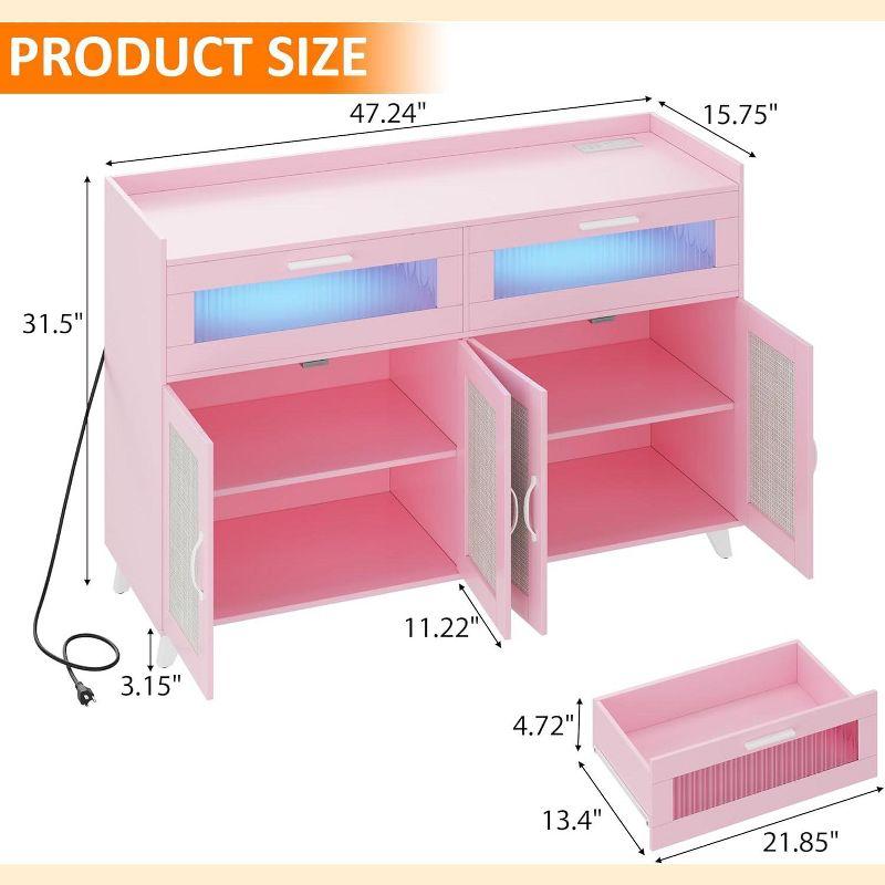 Garvee Sideboard Buffet Cabinet with Power Outlet & LED Light - Kitchen Storage Cabinet with 2 Fluted Acrylic Drawers & 4 Rattan Doors, Pink