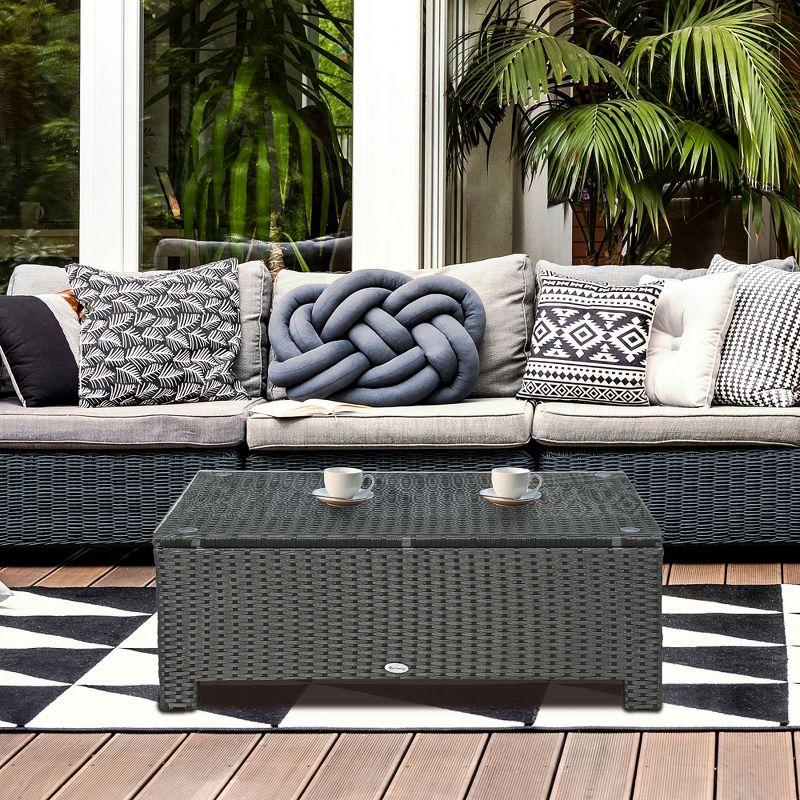 Black PE Rattan Patio Coffee Table with Tempered Glass Top