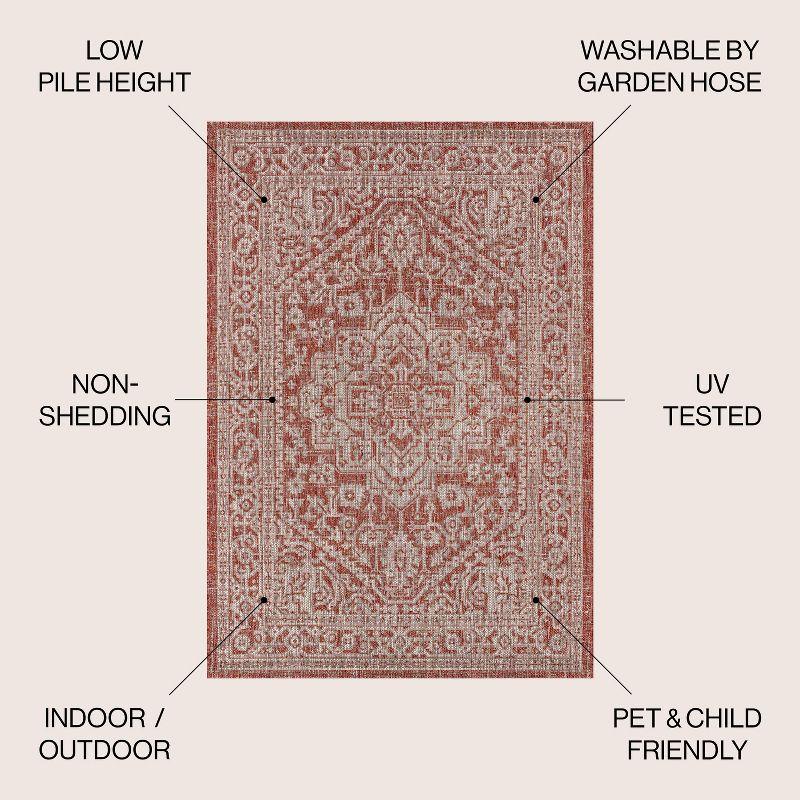 5' Square Sinjuri Medallion Textured Weave Indoor/Outdoor Area Rug, Red/Taupe - JONATHAN Y