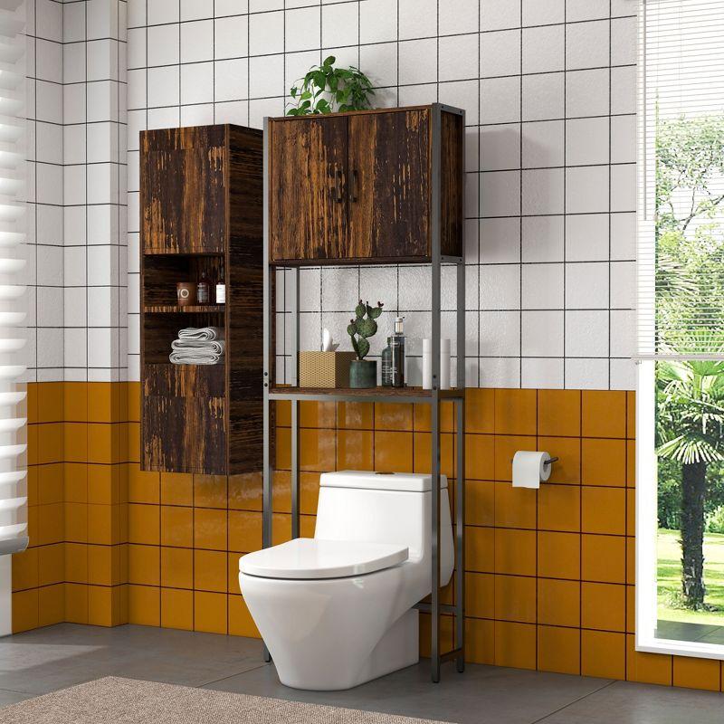 kleankin Industrial Over The Toilet Storage Cabinet, Bathroom Space Saver Above Toilet with Double Door Cupboard and Adjustable Shelf, Rustic Brown