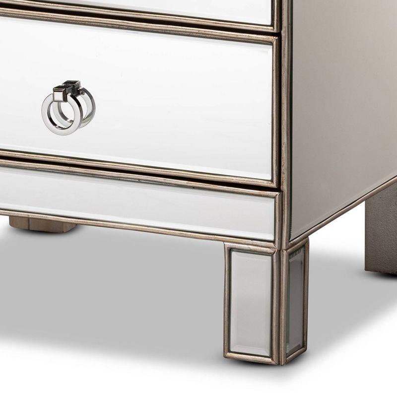 Ewan Mirrored 3 Drawer Nightstand Silver - Baxton Studio: Wood Frame, Reflective Surface, No Assembly Required