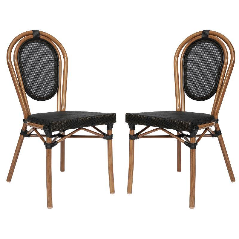 Emma & Oliver Massalia Set of Two Indoor/Outdoor Stacking Thonet Bistro Style Chairs with Black Textilene Seat and Natural Bamboo Finished Metal Frame
