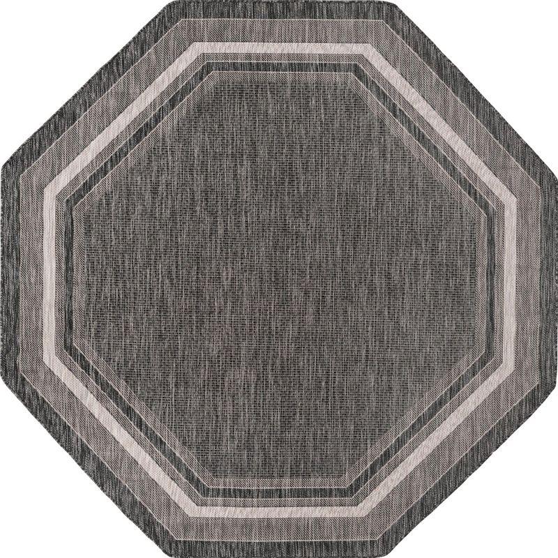 Black Octagon Outdoor Stain-Resistant Synthetic Rug