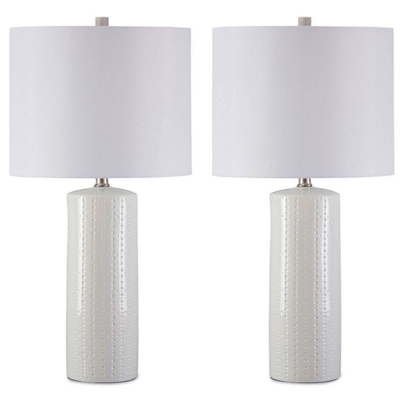 Steuben White and Gray Ceramic Table Lamp Set with Fabric Shade