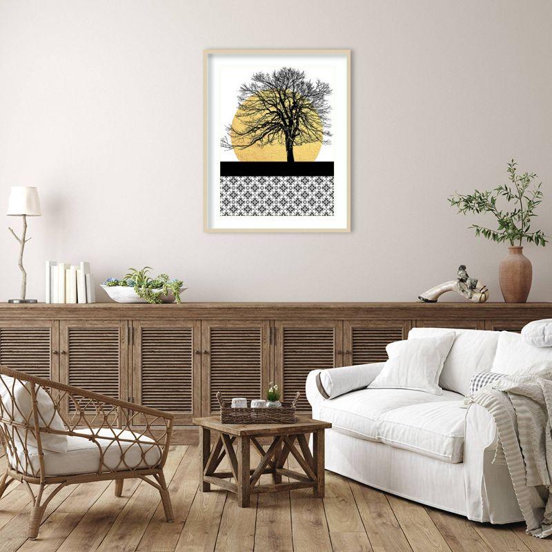 Yellow Moon Rising I Abstract Nature Lithograph with Brown Wood Frame