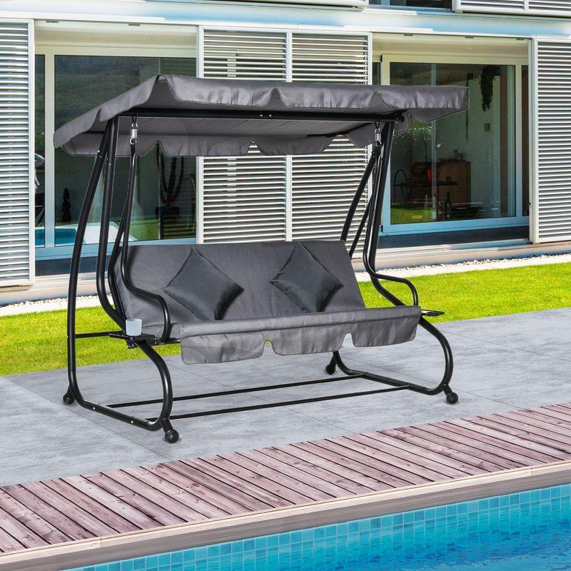 Outsunny 3 Seat Outdoor Free Standing Swing Bench Porch Swing with Stand, Comfortable Cushioned Fabric & Included Canopy, Gray