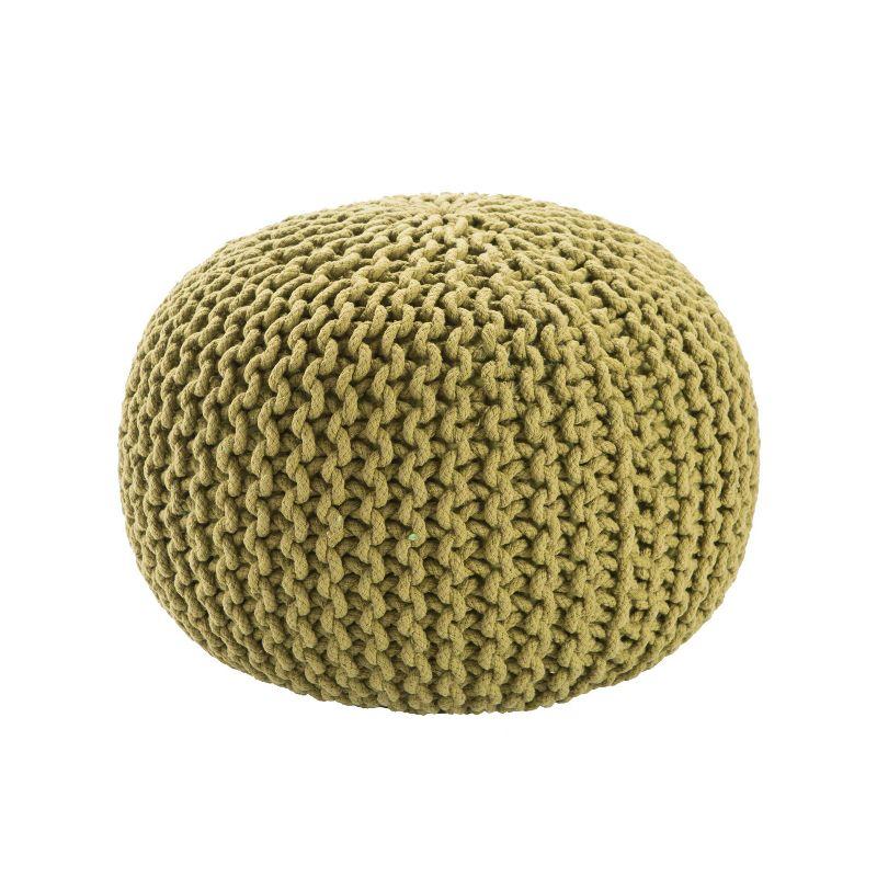 Green Cotton Chunky Knit Round Pouf, 21"