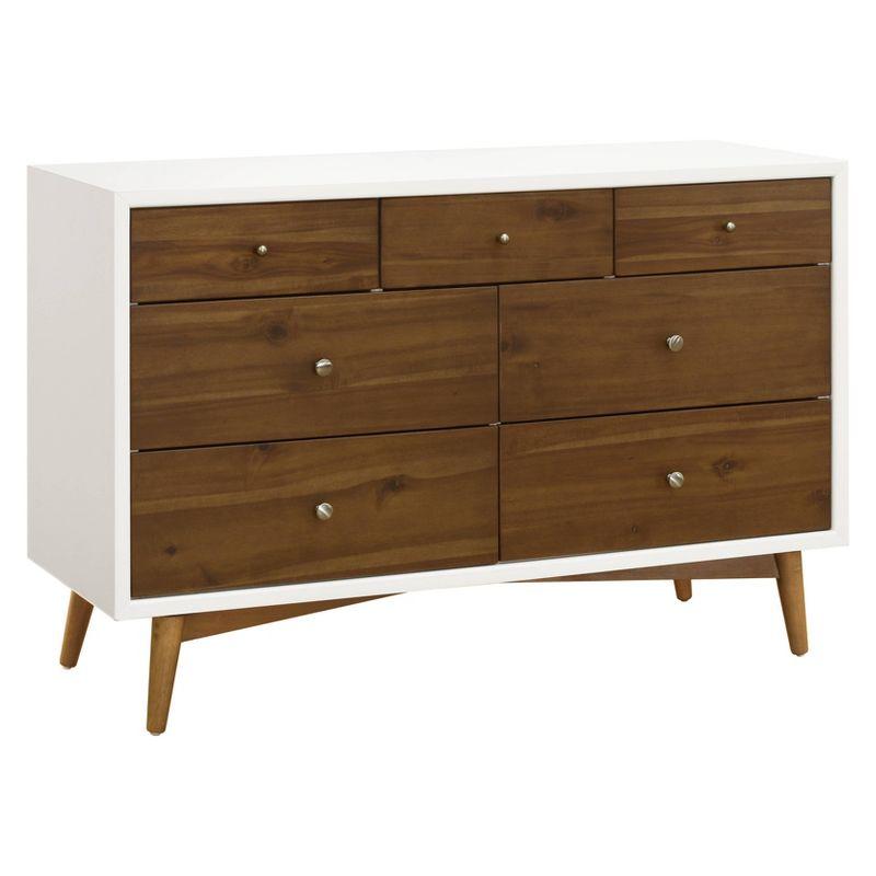 Warm White and Natural Walnut Mid-Century Double Dresser with Tapered Legs