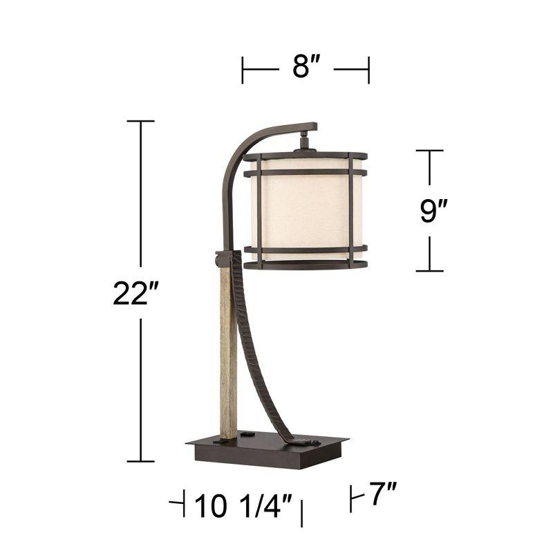 Franklin Iron Works Gentry Industrial Desk Lamp 22" High Oil Rubbed Bronze Faux Wood Cage with USB and AC Power Outlet in Base Oatmeal Shade for Desk