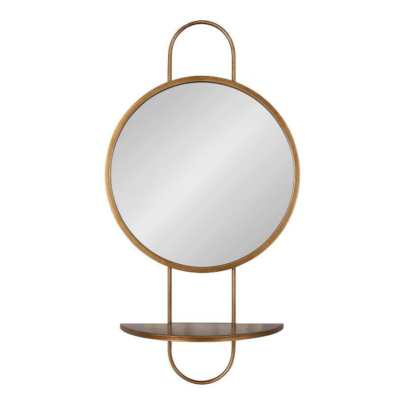 Gold Round Mirror with Wood Shelf, 19" x 33"