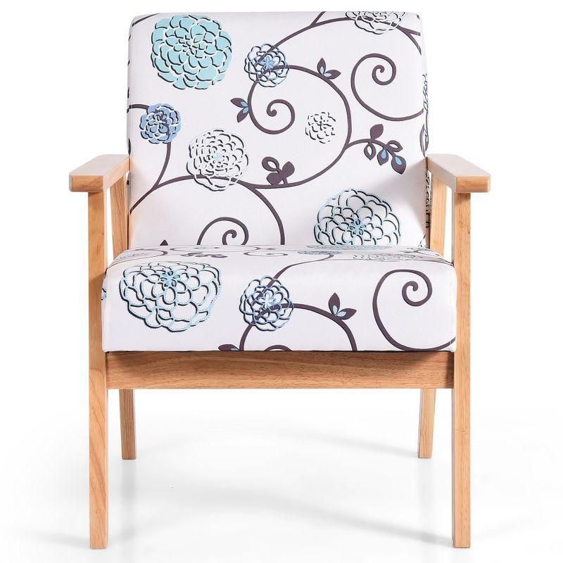 White and Blue Floral Fabric Lounge Chair with Teak Frame