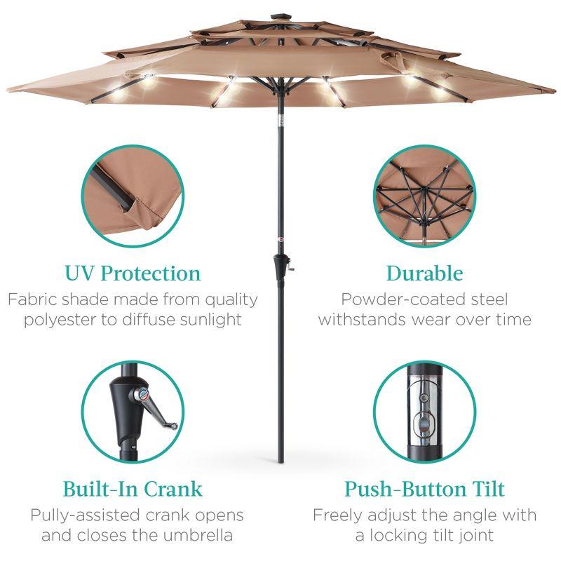 Best Choice Products 10ft 3-Tier Solar Patio Umbrella w/ 24 LED Lights, Tilt Adjustment, Easy Crank - Tan