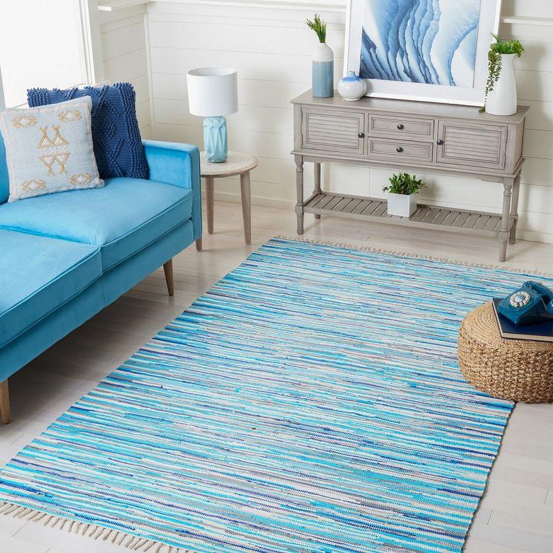 Hand-Woven Turquoise Multi-Stripe Cotton Area Rug, 6' x 9'