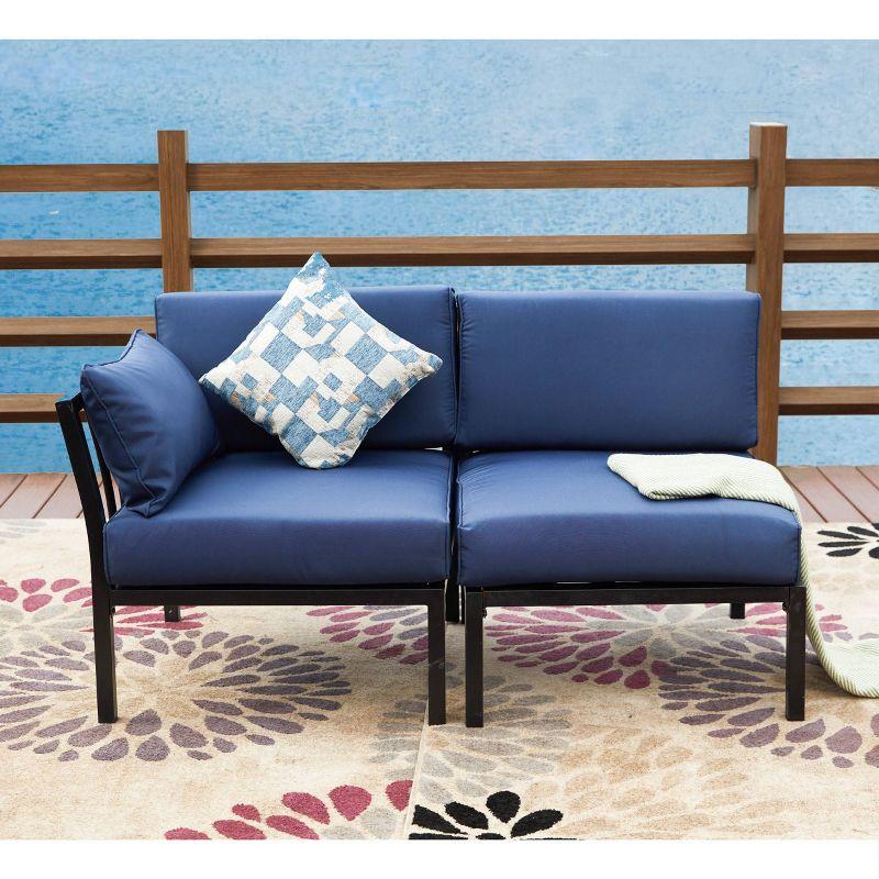 Blue Metal Two-Seat Outdoor Sectional Sofa with Cushions