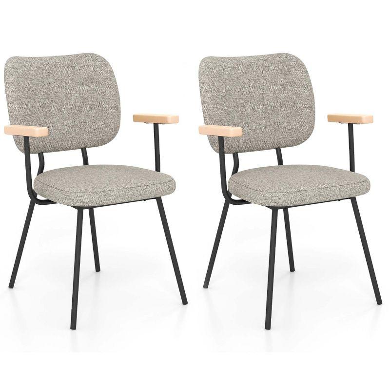 Set of 2 Gray Linen Upholstered Arm Chairs with Metal Legs