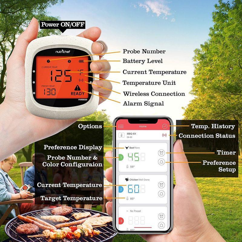 NutriChef Nutrichef Bluetooth Meat Thermometer For Grilling And Smoking With 6 Wireless Meat Probes, 6 Channels With Lcd Display