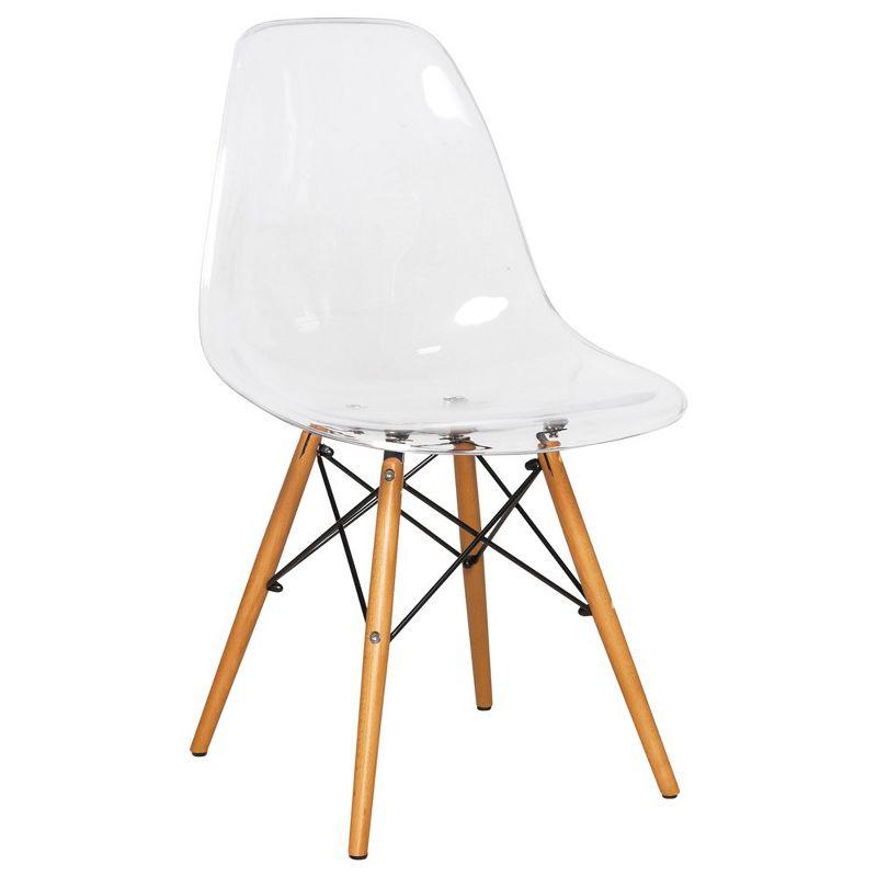 LeisureMod Cresco Mid-Century Modern Acrylic Dining Chair with Wooden Dowel Eiffel Legs – Kitchen & Dining Room Chair, Clear