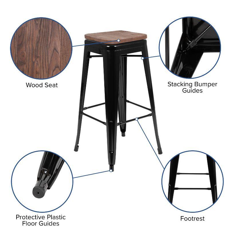 Flash Furniture 30" High Metal Indoor Bar Stool with Wood Seat - Stackable Set of 4