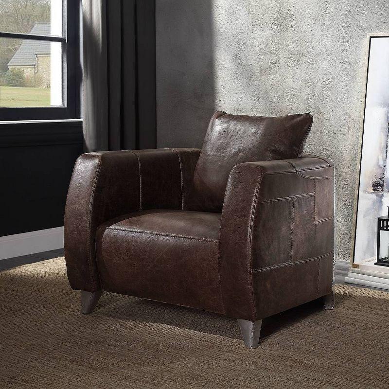 Kalona 34" Distressed Chocolate Leather and Metal Accent Chair