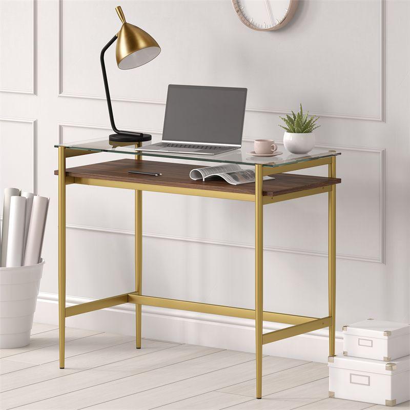 36" Brass Finish Desk with Walnut Shelf - Henn&Hart