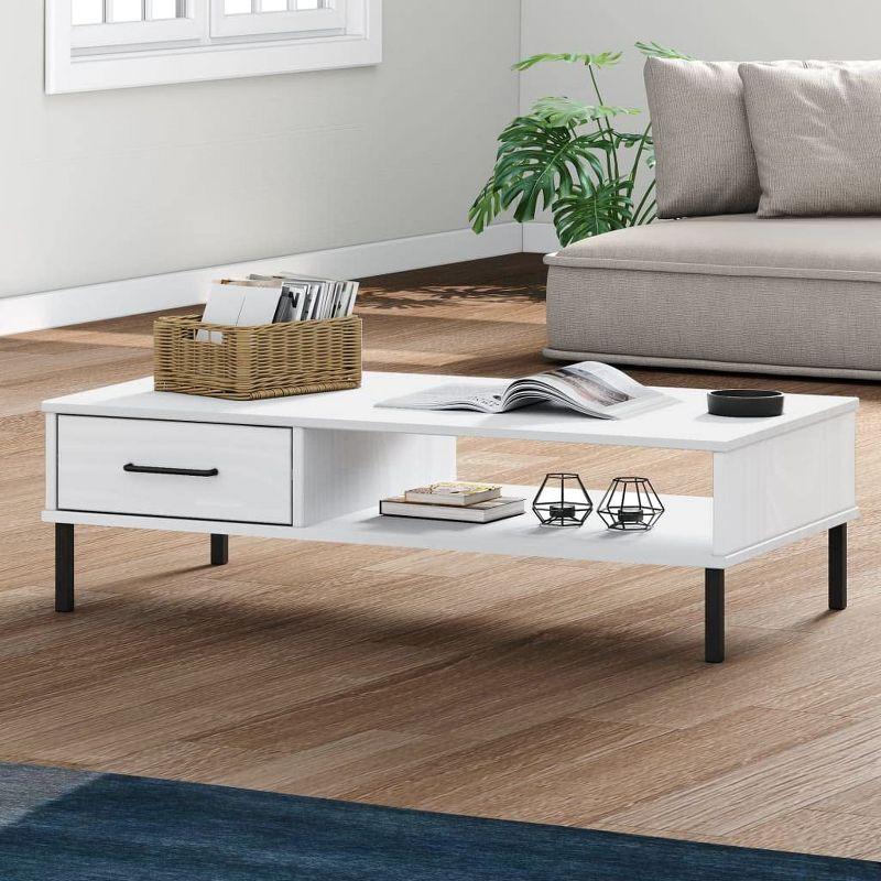 White Pine Wood Coffee Table with Metal Legs and Storage