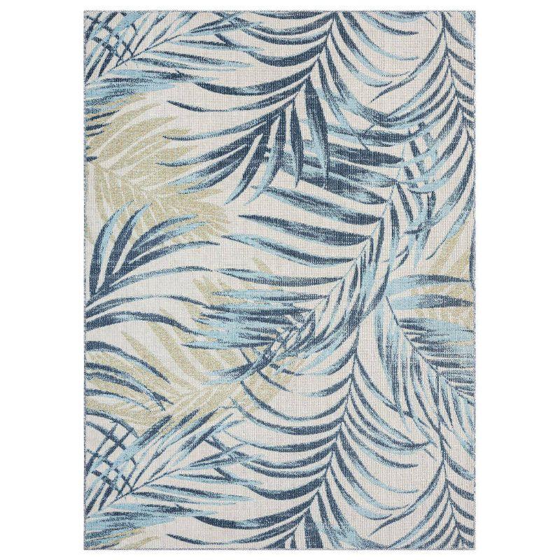 Ivory and Aqua Blue Palm Leaf 5' x 7' Indoor/Outdoor Rug