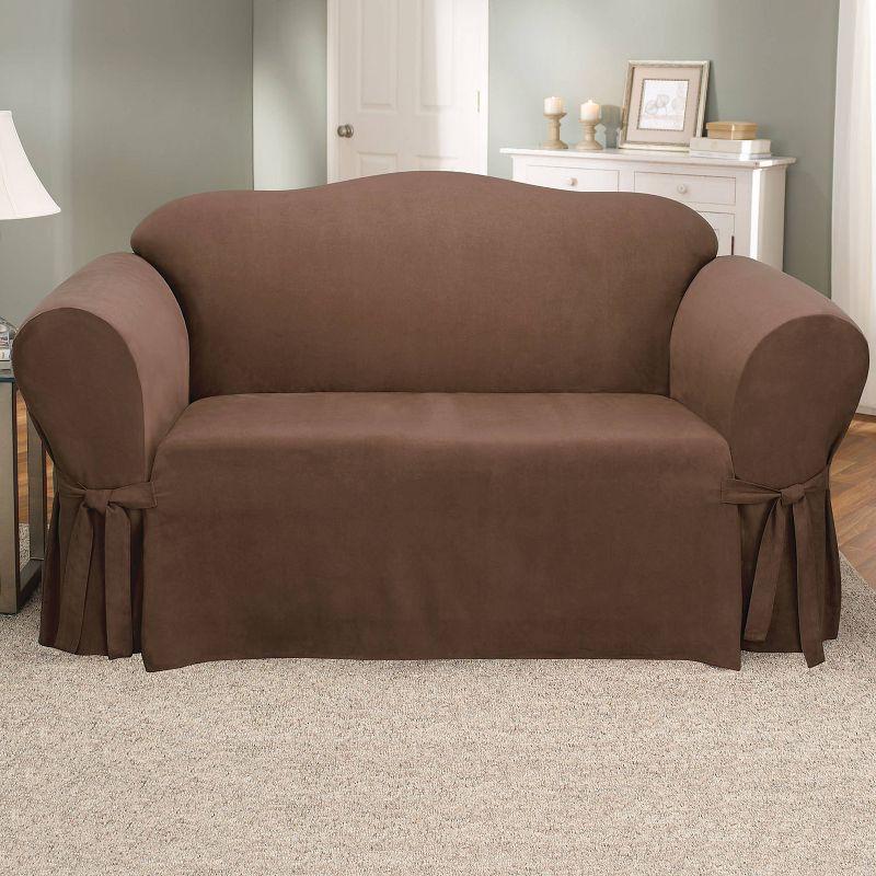 Soft Suede Loveseat Slipcover Chocolate - Sure Fit: Stretch Fit Polyester & Spandex, Indoor Use, Zipper Closure