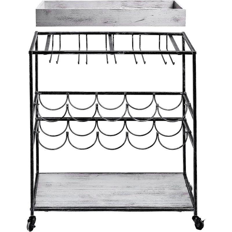 Old Dutch International Avalon Wine/Serving Cart 28" x 16" x 32" Antique Pewter, Barnwood Gray Stained Rubberwood 612BP