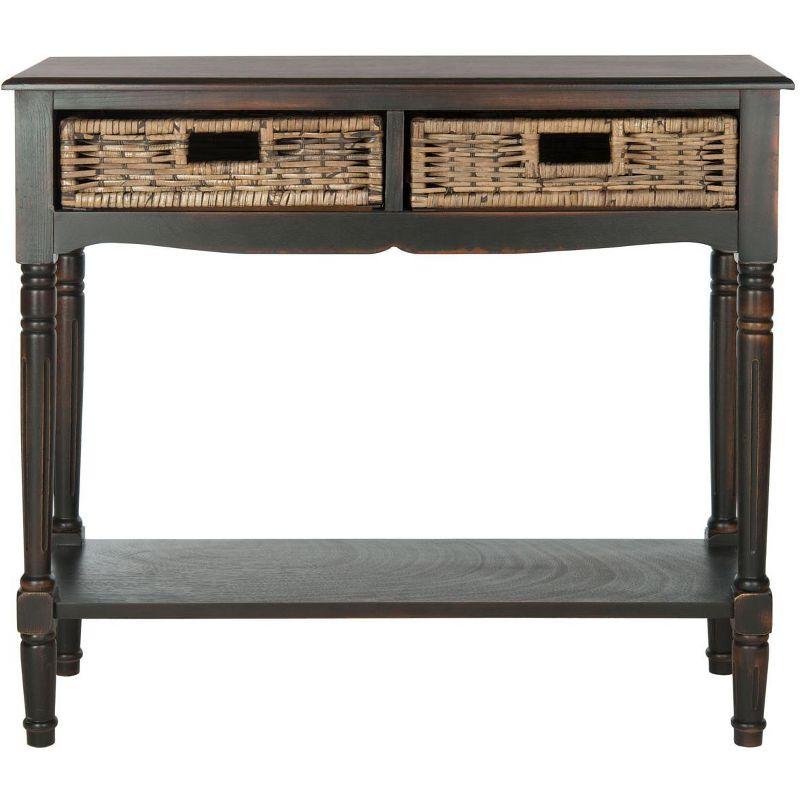 Transitional Brown Pine Console Table with Rattan Drawers