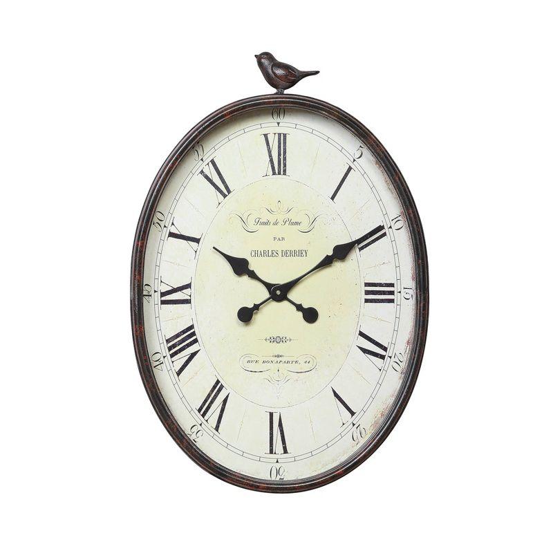 Storied Home 17" x 25-1/4" Metal Wall Clock with Bird Rust - 3R Studios: Indoor Oval Timepiece, No Choking Hazard