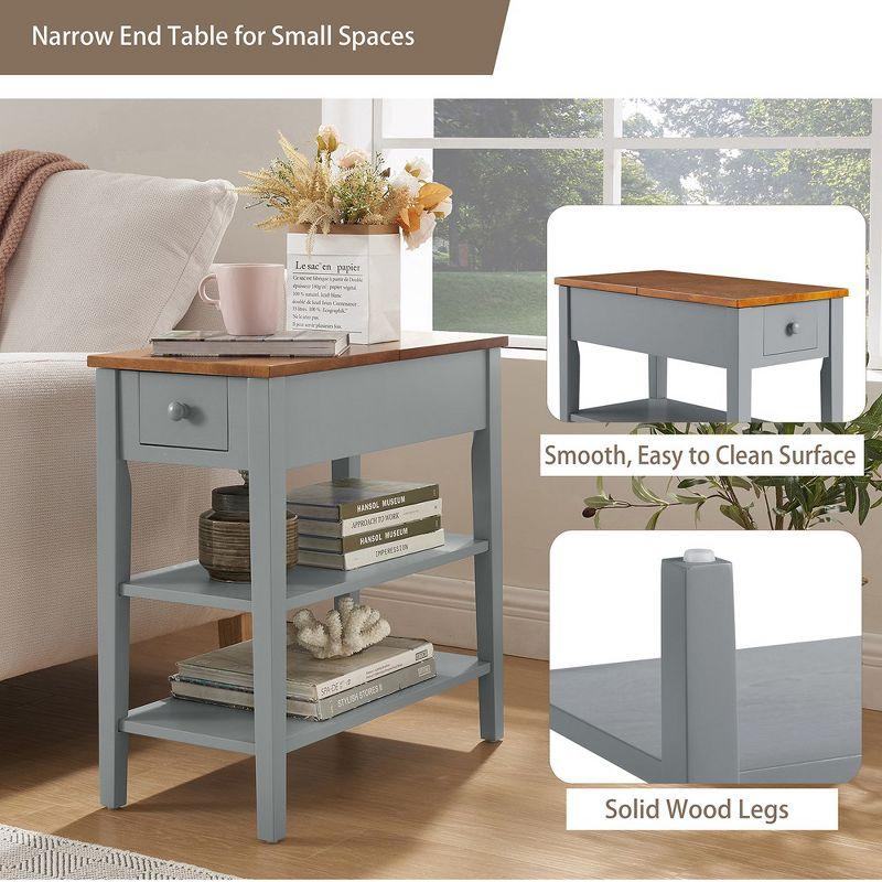 Gray MDF Narrow End Table with Charging Station and Shelves